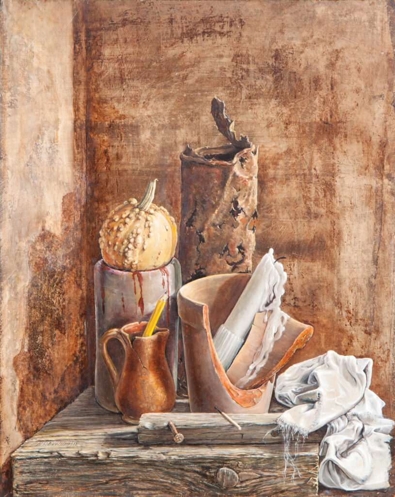 Aldo Bressanutti Nature Morte "Natura morta con zucca" cm. 40x50. Olio su tavola. 1965