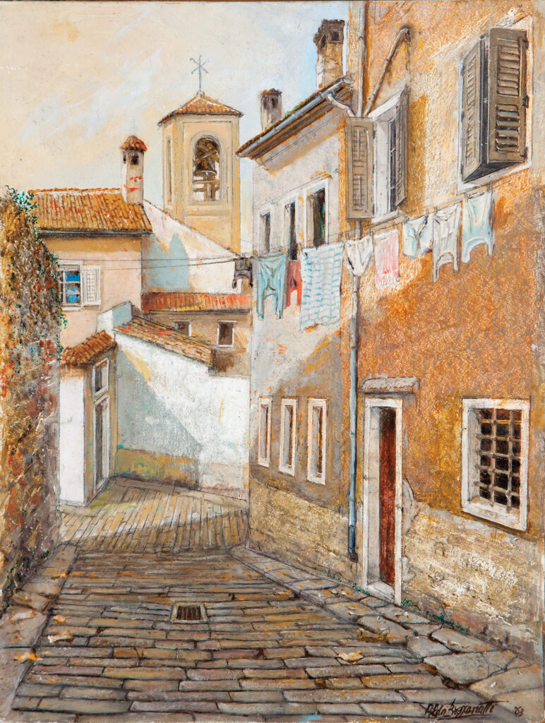 Aldo Bressanutti Esterni "Stradina di Cittavecchia" cm. 30x40. Olio su tavola. 2014