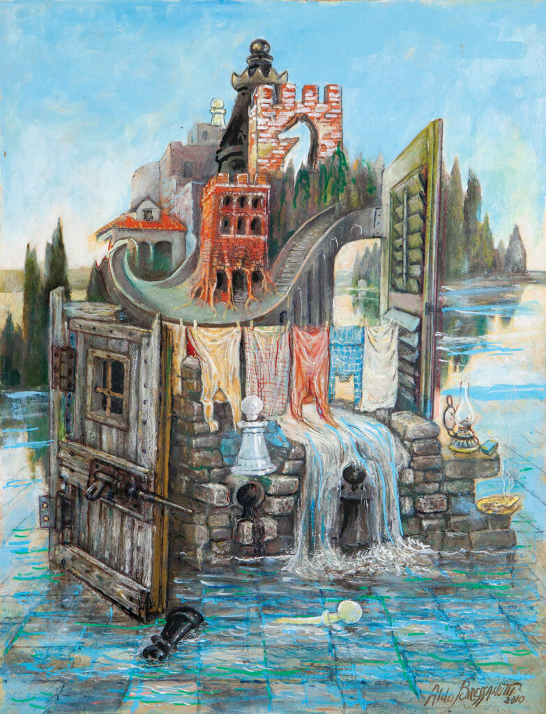 Aldo Bressanutti Surreali "L'isola degli scacchi" cm. 33x43. Olio su tavola. 2010