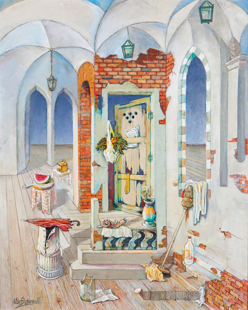 Aldo Bressanutti Surreali "Omaggio a Escher" cm. 50x63. Olio su tavola. 2010