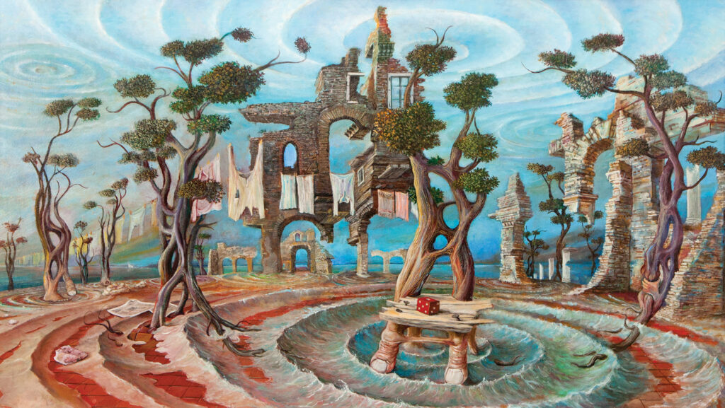 Aldo Bressanutti Surreali "Eco" cm. 90x50. olio su tavola. 2002